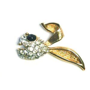 Vintage Gold Tone Bunny Rabbit Lapel Pin With Rhinestones & Black Eye